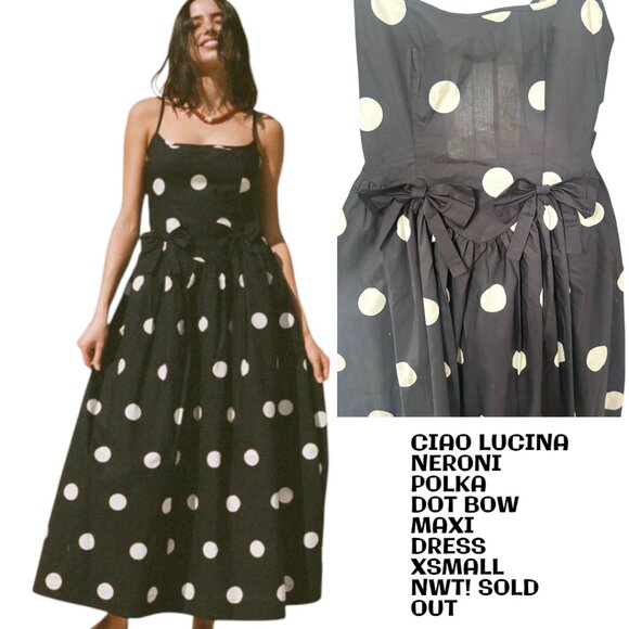 Ciao Lucia Neroni POLKA DOT RIBBON MAXI DRESS X SMALL NWT SOLD OUT! - Picture 1 of 5